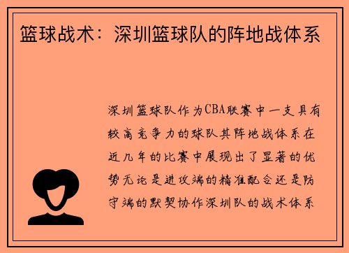 篮球战术：深圳篮球队的阵地战体系