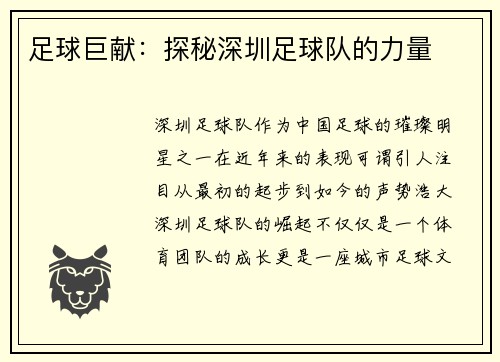 足球巨献：探秘深圳足球队的力量