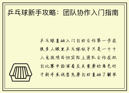 乒乓球新手攻略：团队协作入门指南