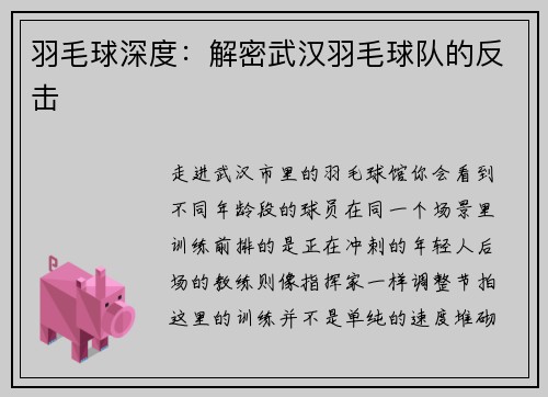 羽毛球深度：解密武汉羽毛球队的反击