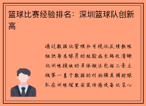 篮球比赛经验排名：深圳篮球队创新高