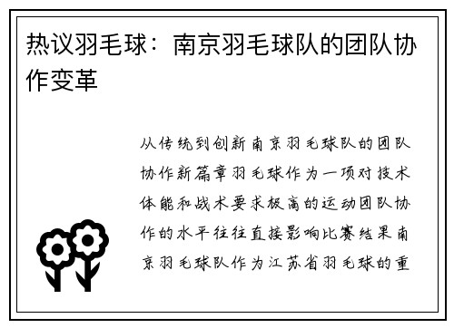 热议羽毛球：南京羽毛球队的团队协作变革